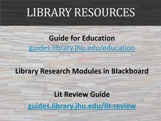 LIBRARY RESOURCES
Guide for Education
guides.library.jhu.edu/education
Library Research Modules in Blackboard
Lit Review Guide
guides.library.jhu.edu/lit-review
 