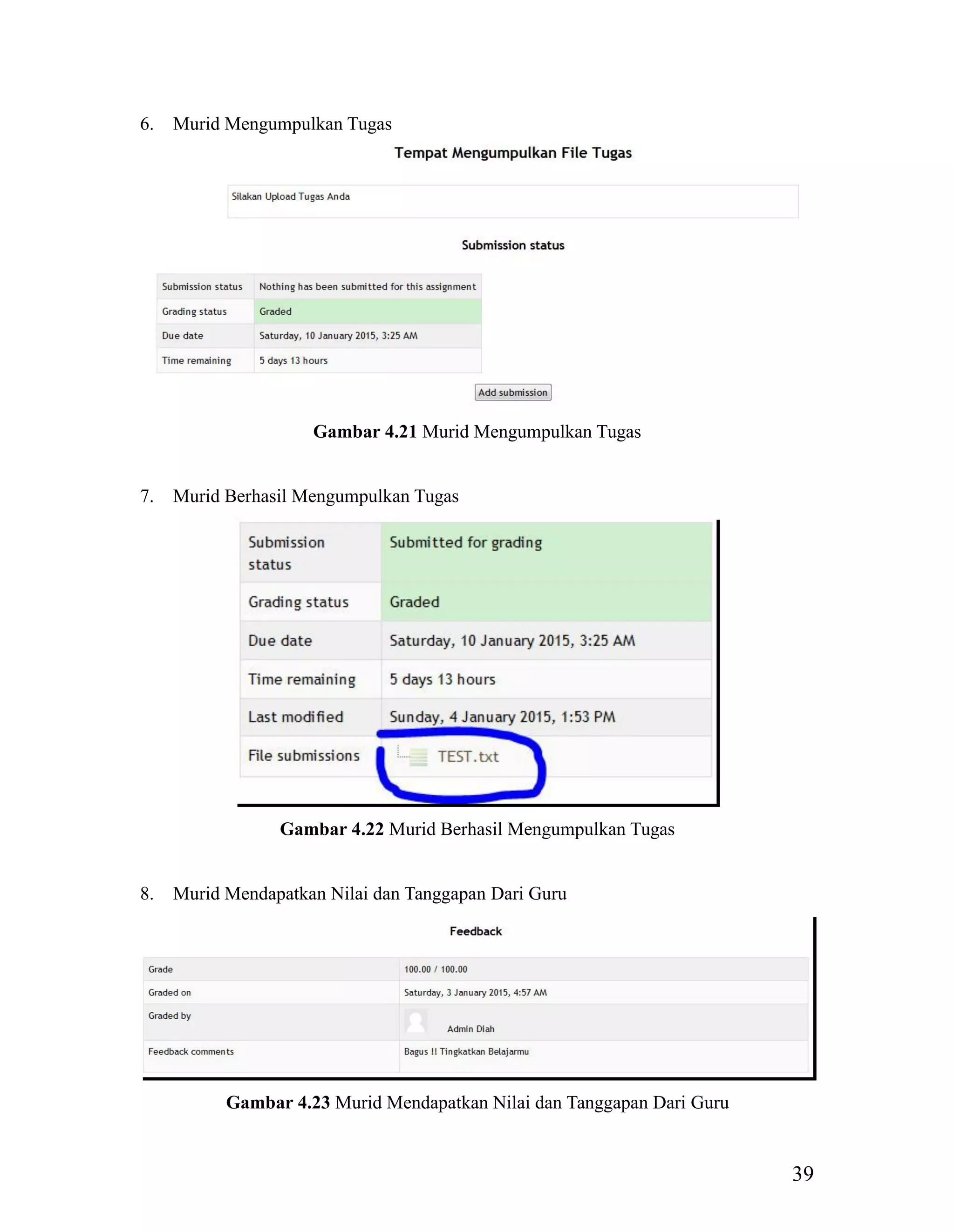 39
6. Murid Mengumpulkan Tugas
Gambar 4.21 Murid Mengumpulkan Tugas
7. Murid Berhasil Mengumpulkan Tugas
Gambar 4.22 Murid Berhasil Mengumpulkan Tugas
8. Murid Mendapatkan Nilai dan Tanggapan Dari Guru
Gambar 4.23 Murid Mendapatkan Nilai dan Tanggapan Dari Guru
 