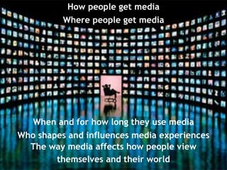 Where people get media
How people get media
When and for how long they use media
Who shapes and influences media experienc...