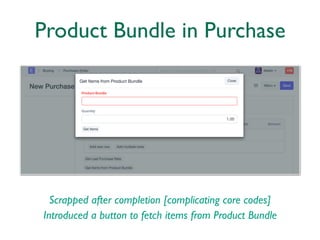 Product Bundle in Purchase
Scrapped after completion [complicating core codes]
Introduced a button to fetch items from Product Bundle
 