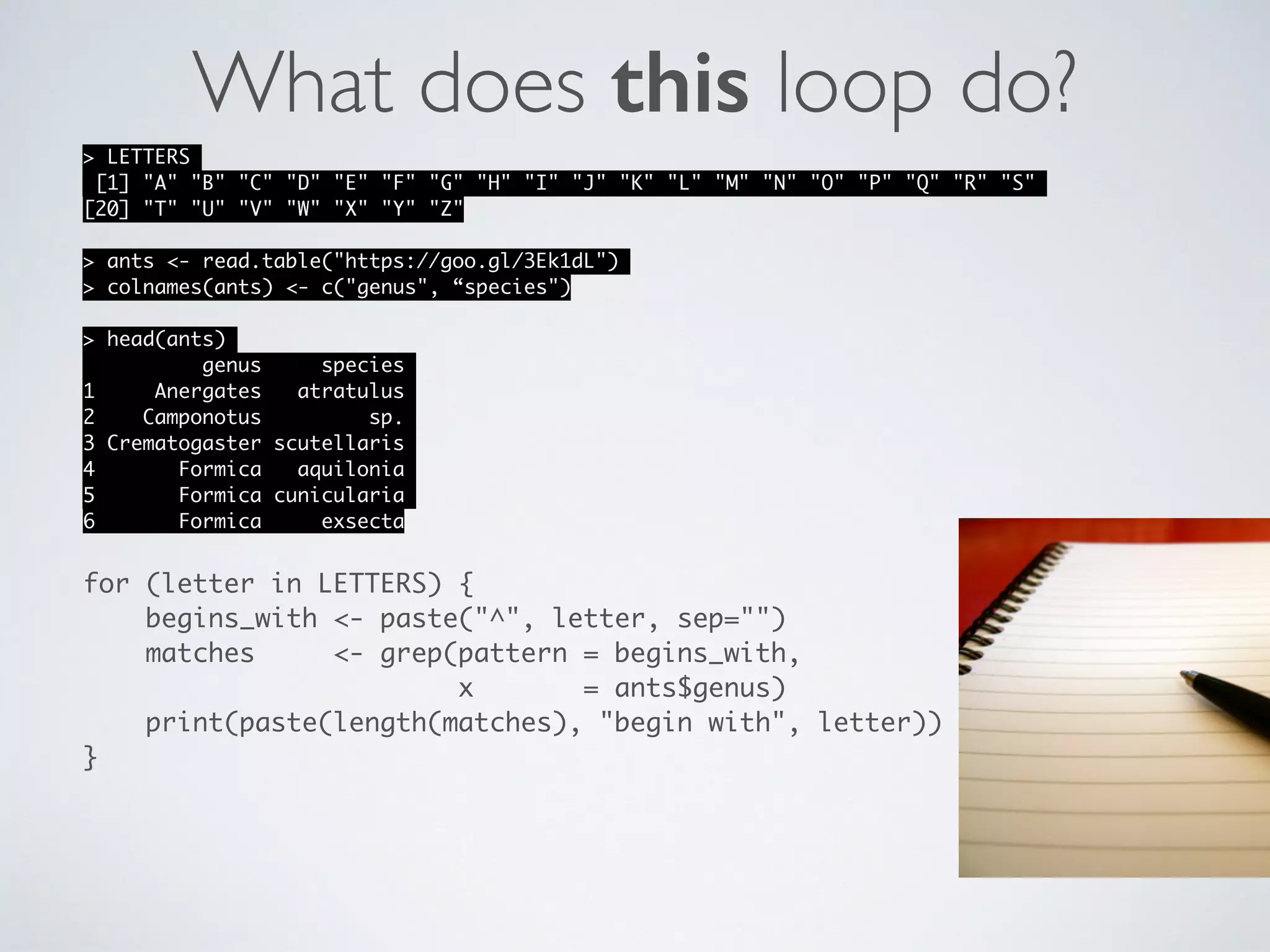 for (letter in LETTERS) {
begins_with <- paste("^", letter, sep="")
matches <- grep(pattern = begins_with,
x = ants$genus)
print(paste(length(matches), "begin with", letter))
}
> LETTERS
[1] "A" "B" "C" "D" "E" "F" "G" "H" "I" "J" "K" "L" "M" "N" "O" "P" "Q" "R" "S"
[20] "T" "U" "V" "W" "X" "Y" "Z"
 
> ants <- read.table("https://goo.gl/3Ek1dL")
> colnames(ants) <- c("genus", “species")
 
> head(ants)
genus species
1 Anergates atratulus
2 Camponotus sp.
3 Crematogaster scutellaris
4 Formica aquilonia
5 Formica cunicularia
6 Formica exsecta
What does this loop do?
 