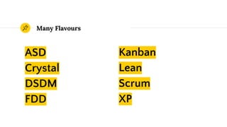 Many Flavours
ASD
Crystal
DSDM
FDD
Kanban
Lean
Scrum
XP
 