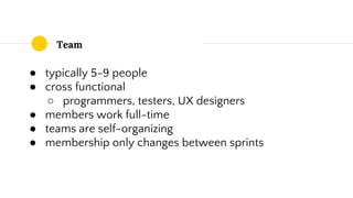 Team
● typically 5-9 people
● cross functional
○ programmers, testers, UX designers
● members work full-time
● teams are self-organizing
● membership only changes between sprints
 