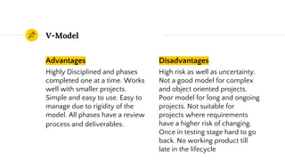 Advantages
Highly Disciplined and phases
completed one at a time. Works
well with smaller projects.
Simple and easy to use. Easy to
manage due to rigidity of the
model. All phases have a review
process and deliverables.
V-Model
Disadvantages
High risk as well as uncertainty.
Not a good model for complex
and object oriented projects.
Poor model for long and ongoing
projects. Not suitable for
projects where requirements
have a higher risk of changing.
Once in testing stage hard to go
back. No working product till
late in the lifecycle
 