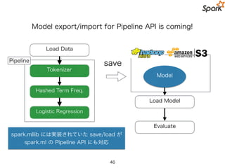 まとめ
• Spark は企業における３つの分析シーンに対応
• バッチ，ストリーミング，インタラクティブ（探索的分析）
• DataFrame API は大規模分散処理の探索分析をより身近なものにする
• SQL で実行することもできる
• Hive などのさまざまなデータソースをサポート
• 最適化機構により「ネイティブ」に Spark のコードを書くより早くなる
• Spark の機械学習ライブラリ MLlibで，プロダクションレベルでの機械学習を簡単
にスケーラブルで実行できる
• 機械学習アプリケーションを簡単に構築
• 大規模データセットでの学習を可能にする
• Pipeline API を利用することで「実践」での複雑化する ML Pipeline の管理が簡単
46
Sparkのデータサイエンス関連の Top-Level API は
企業における「実践」を意識して作られていることを知っていただく
 