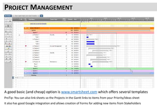 Excel, Smartsheet, Whiteboard, Piece of Paper. Ultimately its what fits and what you can use.
But something you can share with the team and easily update is recommended
PROJECT MANAGEMENT
A good basic (and cheap) option is www.smartsheet.com which offers several templates
ProTip: You can also link sheets so the Projects in the Gantt links to items from your Priority/Ideas sheet
It also has good Google integration and allows creation of Forms for adding new items from Stakeholders
 