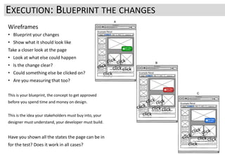 Wireframes
• Blueprint your changes
• Show what it should look like
Take a closer look at the page
• Look at what else could happen
• Is the change clear?
• Could something else be clicked on?
• Are you measuring that too?
This is your blueprint, the concept to get approved
before you spend time and money on design.
This is the idea your stakeholders must buy into, your
designer must understand, your developer must build.
Have you shown all the states the page can be in
for the test? Does it work in all cases?
EXECUTION: BLUEPRINT THE CHANGES
clickclick
click
clickclick
click
clickclick
click
 