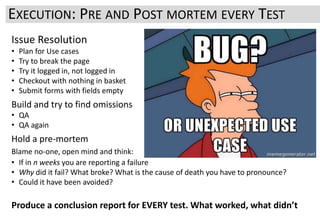 Issue Resolution
• Plan for Use cases
• Try to break the page
• Try it logged in, not logged in
• Checkout with nothing in basket
• Submit forms with fields empty
Build and try to find omissions
• QA
• QA again
Hold a pre-mortem
Blame no-one, open mind and think:
• If in n weeks you are reporting a failure
• Why did it fail? What broke? What is the cause of death you have to pronounce?
• Could it have been avoided?
Produce a conclusion report for EVERY test. What worked, what didn’t
EXECUTION: PRE AND POST MORTEM EVERY TEST
 