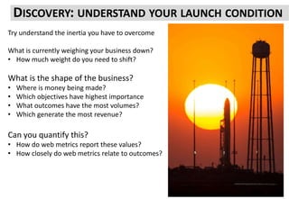 DISCOVERY: UNDERSTAND YOUR LAUNCH CONDITION
Try understand the inertia you have to overcome
What is currently weighing your business down?
• How much weight do you need to shift?
What is the shape of the business?
• Where is money being made?
• Which objectives have highest importance
• What outcomes have the most volumes?
• Which generate the most revenue?
Can you quantify this?
• How do web metrics report these values?
• How closely do web metrics relate to outcomes?
 