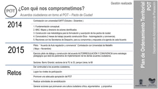 ¿Con qué nos comprometimos?
Acuerdos ciudadanos en torno al POT – Pacto de Ciudad
2014
Contratación con universidad EAFIT (Octubre – Diciembre )
1. Fundamentación conceptual.
2. MAC: Mapeo y directorio de actores identificados
3. Construcción ruta metodológica para la formulación y suscripción de los pactos de ciudad.
4. Convocatoria 2 mesas de trabajo (acuerdo construcción Ética - Autorregulación y convivencia).
5. Reuniones con los Secretarios de Despacho, para su compromiso y respuesta a la agenda de cada Acuerdo
2015
Piloto: “ Acuerdo de Auto regulación y convivencia” Contratación con Universidad de Medellín
( Mayo – Noviembre)
Ejercicio piloto de diálogo y construcción del acuerdo AUTORREGULACIÓN Y CONVIVENCIA como estrategia
pedagógica que dará los parámetros de implementación de los demás acuerdos ciudadanos.
Sectores: Barrio Girardot, sectores de la 70, la 33, parque Lleras, la 68
Retos
Dar continuidad a los acuerdos ciudadanos,
Lograr los niveles de participación
Promover una adecuada apropiación del POT
Realizar actividades de sensibilización
Generar acciones que promuevan una cultura ciudadana crítica, argumentativa y propositiva
Gestión realizada
 