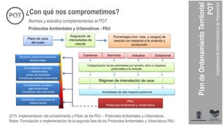 Protocolos Ambientales y Urbanísticos - PAU
Plano de usos
del suelo
Asignación de
intensidades de
mezcla
Porcentajes (min. max. y rangos) de
mezcla con respecto a la vivienda y
producción
Sectores predominantemente
residenciales
Centralidades barriales
y dotacionales
zonas de transición
Corredores mediana intensidad
Centralidades zonales y
aglomeraciones
Corredores alta intensidad
Actividades económicas en
trasformación
Régimen de interrelación de usos
Actividades de alto impacto potencial
PAU
Protocolo Ambiental y Urbanístico
Comercio Servicios Industria Dotacional
Categorización de las actividades por tamaño, aforo e impactos
potenciales a la vivienda
¿Con qué nos comprometimos?
Normas y estudios complementarias al POT
2015: Implementación del procedimiento y Piloto de los PAU – Protocolos Ambientales y Urbanísticos.
Retos: Formulación e implementación de la segunda fase de los Protocolos Ambientales y Urbanísticos PAU
 