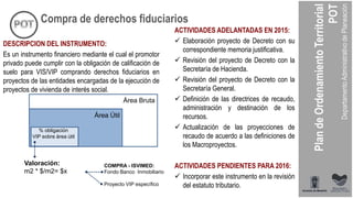 DESCRIPCION DEL INSTRUMENTO:
Es un instrumento financiero mediante el cual el promotor
privado puede cumplir con la obligación de calificación de
suelo para VIS/VIP comprando derechos fiduciarios en
proyectos de las entidades encargadas de la ejecución de
proyectos de vivienda de interés social.
ACTIVIDADES ADELANTADAS EN 2015:
 Elaboración proyecto de Decreto con su
correspondiente memoria justificativa.
 Revisión del proyecto de Decreto con la
Secretaría de Hacienda.
 Revisión del proyecto de Decreto con la
Secretaría General.
 Definición de las directrices de recaudo,
administración y destinación de los
recursos.
 Actualización de las proyecciones de
recaudo de acuerdo a las definiciones de
los Macroproyectos.
ACTIVIDADES PENDIENTES PARA 2016:
 Incorporar este instrumento en la revisión
del estatuto tributario.
Área Bruta
Área Útil
% obligación
VIP sobre área útil
Valoración:
m2 * $/m2= $x
COMPRA - ISVIMED:
Fondo Banco Inmobiliario
Proyecto VIP específico
Compra de derechos fiduciarios
 