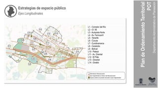 Estrategias de espacio público
L1 - Corredor del Río
L2 - Cr. 65
L3 - Autopista Norte
L4 - Av. Ferrocarril
L5 - Tenerife
L6 - Cúcuta
L7 - Cundinamarca
L8 - Carabobo
L9 - Bolívar
L10 - Palacé
L11 - Av. Oriental
L12 - El Palo
L13 - Girardot
L14 - Giraldo
Ejes Longitudinales
 