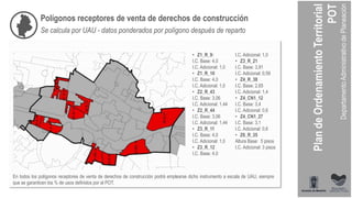 Polígonos receptores de venta de derechos de construcción
• Z1_R_9:
I.C. Base: 4,0
I.C. Adicional: 1,0
• Z1_R_10
I.C. Base: 4,0
I.C. Adicional: 1,0
• Z2_R_43
I.C. Base: 3,06
I.C. Adicional: 1,44
• Z2_R_44
I.C. Base: 3,06
I.C. Adicional: 1,44
• Z3_R_11
I.C. Base: 4,0
I.C. Adicional: 1,0
• Z3_R_12
I.C. Base: 4,0
I.C. Adicional: 1,0
• Z3_R_21
I.C. Base: 3,91
I.C. Adicional: 0,59
• Z4_R_38
I.C. Base: 2,65
I.C. Adicional: 1,4
• Z4_CN1_12
I.C. Base: 3,4
I.C. Adicional: 0,6
• Z4_CN1_27
I.C. Base: 3,1
I.C. Adicional: 0,6
• Z6_R_35
Altura Base: 5 pisos
I.C. Adicional: 3 pisos
En todos los polígonos receptores de venta de derechos de construcción podrá emplearse dicho instrumento a escala de UAU, siempre
que se garanticen los % de usos definidos por el POT.
Se calcula por UAU - datos ponderados por polígono después de reparto
 