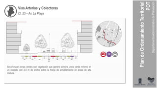 Vías Arterias y Colectoras
Se priorizan zonas verdes con vegetación que genere sombra, zona verde mínimo en
un costado con 2,5 m de ancho sobre la franja de amoblamiento en áreas de alta
mixtura.
Cl. 53 – Av. La Playa
 