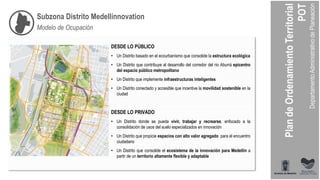 Subzona Distrito Medellínnovation
DESDE LO PÚBLICO
• Un Distrito basado en el ecourbanismo que consolide la estructura ecológica
• Un Distrito que contribuye al desarrollo del corredor del rio Aburrá epicentro
del espacio público metropolitano
• Un Distrito que implemente infraestructuras inteligentes
• Un Distrito conectado y accesible que incentive la movilidad sostenible en la
ciudad
DESDE LO PRIVADO
• Un Distrito donde se pueda vivir, trabajar y recrearse, enfocado a la
consolidación de usos del suelo especializados en innovación
• Un Distrito que propicie espacios con alto valor agregado para el encuentro
ciudadano
• Un Distrito que consolide el ecosistema de la innovación para Medellín a
partir de un territorio altamente flexible y adaptable
Modelo de Ocupación
 