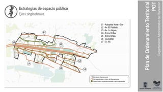 Estrategias de espacio público
L1 - Autopista Norte - Sur
L2 - Av. El Poblado.
L3 - Av. La Vegas.
L4 - Entre Orillas.
L5 - Entre Orllas.
L6 - Guayabal.
L7 - Cr. 65.
Ejes Longitudinales
 
