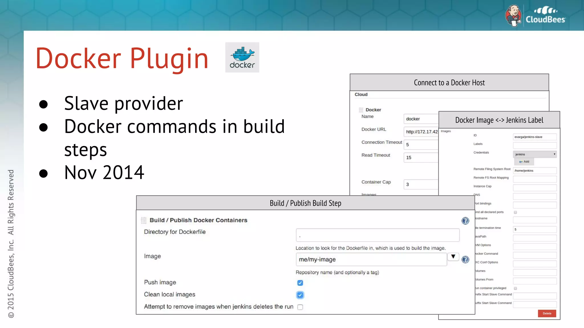 Docker Plugin ● Slave provider ● Docker commands in build steps ● Nov 2014 Connect to a Docker Host Docker Image <-> Jenkins Label Build / Publish Build Step 