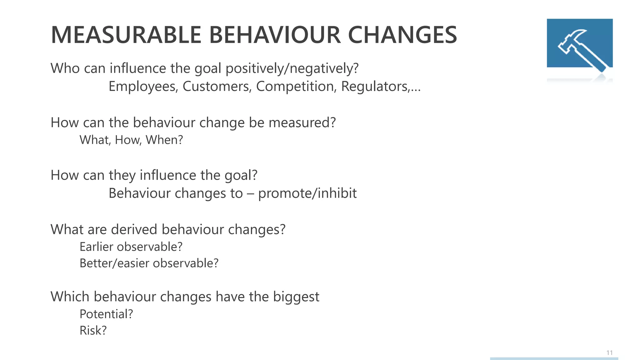 11
MEASURABLE BEHAVIOUR CHANGES
Who can influence the goal positively/negatively?
Employees, Customers, Competition, Regulators,…
How can the behaviour change be measured?
What, How, When?
How can they influence the goal?
Behaviour changes to – promote/inhibit
What are derived behaviour changes?
Earlier observable?
Better/easier observable?
Which behaviour changes have the biggest
Potential?
Risk?
 