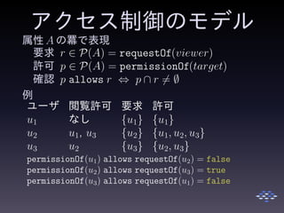 アクセス制御のモデル
属性 A の羃で表現
要求 r ∈ P(A) = requestOf(viewer)
許可 p ∈ P(A) = permissionOf(target)
確認 p allows r ⇔ p ∩ r = ∅
例
ユーザ 閲覧許可 要求 許可
u1 なし {u1} {u1}
u2 u1, u3 {u2} {u1, u2, u3}
u3 u2 {u3} {u2, u3}
permissionOf(u1) allows requestOf(u2) = false
permissionOf(u2) allows requestOf(u3) = true
permissionOf(u3) allows requestOf(u1) = false
 