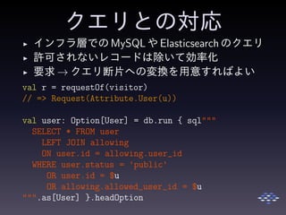 クエリとの対応
◮ インフラ層での MySQLや Elasticsearch のクエリ
◮ 許可されないレコードは除いて効率化
◮ 要求 → クエリ断片への変換を用意すればよい
val r = requestOf(visitor)
// => Request(Attribute.User(u))
val user: Option[User] = db.run { sql"""
SELECT * FROM user
LEFT JOIN allowing
ON user.id = allowing.user_id
WHERE user.status = 'public'
OR user.id = $u
OR allowing.allowed_user_id = $u
""".as[User] }.headOption
 