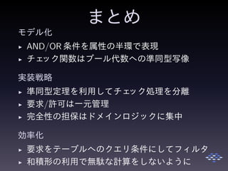まとめ
モデル化
◮ AND/OR 条件を属性の半環で表現
◮ チェック関数はブール代数への準同型写像
実装戦略
◮ 準同型定理を利用してチェック処理を分離
◮ 要求/許可は一元管理
◮ 完全性の担保はドメインロジックに集中
効率化
◮ 要求をテーブルへのクエリ条件にしてフィルタ
◮ 和積形の利用で無駄な計算をしないように
 