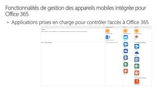 Fonctionnalités de gestion des appareils mobiles intégrée pour
Office 365
• Applications prises en charge pour contrôler l’accès à Office 365
 