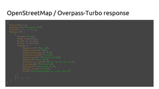 OpenStreetMap / Overpass-Turbo response
{
"version": 0.6,
"generator": "Overpass API",
"osm3s": { /* ... */ },
"elements": [
{
"type": "node",
"id": 2194034324,
"lat": 52.5463884,
"lon": 13.3523559,
"tags": {
"addr:city": "Berlin",
"addr:country": "DE",
"addr:housenumber": "12",
"addr:postcode": "13353",
"addr:street": "Ostenderstraße",
"amenity": "post_box",
"collection_times": "Mo-Fr 16:15; Sa 12:00",
"lastcheck": "2015-02-16",
"operator": "Deutsche Post",
"postal_code": "13353",
"ref": "Ostenderstraße 12, 13353 Berlin"
}
},
{ /* ... */ }
]
}
 