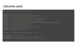 Libraries used
apt 'com.google.dagger:dagger-compiler:2.0.2 '
compile 'com.google.dagger:dagger:2.0.2 '
compile 'com.android.support:support-annotations:23.1.1 '
compile 'com.google.android.support:wearable:1.3.0 '
compile 'com.google.android.gms:play-services-location:8.3.0 '
compile 'com.google.android.gms:play-services-maps:8.3.0 '
compile 'com.google.android.gms:play-services-wearable:8.3.0 '
compile 'com.github.johnjohndoe:Overpass:2ee1603696f5346abe05d8ec3cb2261bfa4ac423 '
compile 'com.jakewharton:butterknife:7.0.1 '
compile 'com.squareup.okhttp:okhttp:2.6.0 '
compile 'com.squareup.okhttp:logging-interceptor:2.6.0 '
compile 'com.squareup.moshi:moshi:1.0.0 '
compile 'org.ligi:AXT:0.35 '
provided 'org.glassfish:javax.annotation:10.0-b28 '
testCompile ' junit:junit:4.12 '
testCompile ' com.squareup.assertj:assertj-android:1.1.1 '
testCompile ' com.android.support:support-annotations:23.1.1 '
 