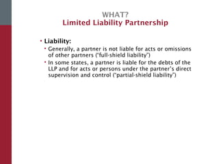 WHAT?
Limited Liability Partnership
• Liability:
 Generally, a partner is not liable for acts or omissions
of other partners (“full-shield liability”)
 In some states, a partner is liable for the debts of the
LLP and for acts or persons under the partner’s direct
supervision and control (“partial-shield liability”)
 