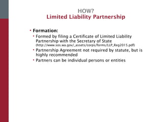HOW?
Limited Liability Partnership
• Formation:
 Formed by filing a Certificate of Limited Liability
Partnership with the Secretary of State
(http://www.sos.wa.gov/_assets/corps/forms/LLP_Reg2015.pdf)
 Partnership Agreement not required by statute, but is
highly recommended
 Partners can be individual persons or entities
 