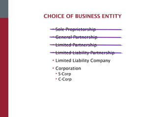 CHOICE OF BUSINESS ENTITY
• Sole Proprietorship
• General Partnership
• Limited Partnership
• Limited Liability Partnership
• Limited Liability Company
• Corporation
 S-Corp
 C-Corp
 