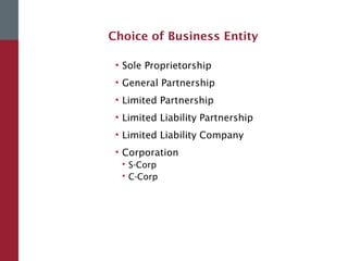 Choice of Business Entity
• Sole Proprietorship
• General Partnership
• Limited Partnership
• Limited Liability Partnership
• Limited Liability Company
• Corporation
 S-Corp
 C-Corp
 
