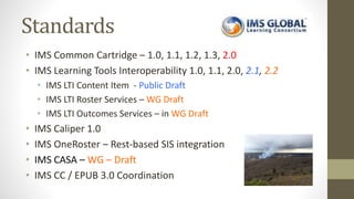 Standards
• IMS Common Cartridge – 1.0, 1.1, 1.2, 1.3, 2.0
• IMS Learning Tools Interoperability 1.0, 1.1, 2.0, 2.1, 2.2
• IMS LTI Content Item - Public Draft
• IMS LTI Roster Services – WG Draft
• IMS LTI Outcomes Services – in WG Draft
• IMS Caliper 1.0
• IMS OneRoster – Rest-based SIS integration
• IMS CASA – WG – Draft
• IMS CC / EPUB 3.0 Coordination
 