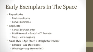 Early Exemplars In The Space
• Repositories
• Blackboard xpLor
• Canvas Commons
• App Store:
• Canvas EduAppCenter
• ELMS Network – Drupal + LTI Provider
• Tsugi – www.tsugi.org
• Small LMS + App Store + Straight to Teacher
• Edmodo – App Store not LTI
• Schoology – App Store with LTI
 