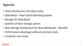 SanDisk Confidential 4
Agenda
 Flash introduction into data center
 OpenStack – New Cloud Operating System
 Storage for OpenStack
 SanDisk® all-flash storage system
 New Storage Architecture for New Worklaods – Benefits
 Performance advantage without premium costs
 Customer case study
 