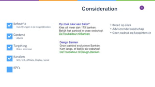 16
Consideration
Behoefte
Content
Targeting
Kanalen
KPI’s
Inzicht krijgen in de mogelijkheden
Advies
O.b.v. interesse
SEO, SEA, Affiliate, Display, Social
• Breed op zoek
• Adviserende boodschap
• Geen nadruk op koopintentie
 
