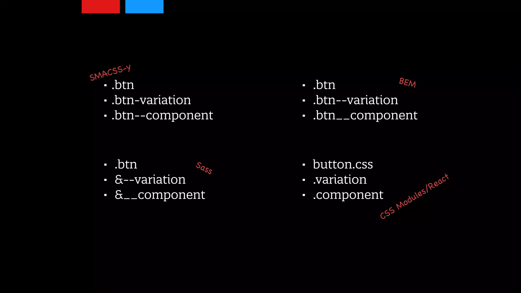 • .btn
• .btn--variation
• .btn__component
• .btn
• &--variation
• &__component
• button.css
• .variation
• .component
SMACSS-y
BEM
Sass
CSS
Modules/React
• .btn
• .btn-variation
• .btn--component
 
