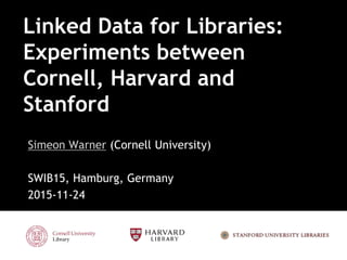 Linked Data for Libraries:
Experiments between
Cornell, Harvard and
Stanford
Simeon Warner (Cornell University)
SWIB15, Hamburg, Germany
2015-11-24
 