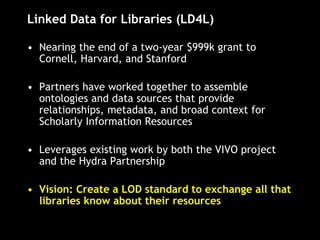 Linked Data for Libraries (LD4L)
• Nearing the end of a two-year $999k grant to
Cornell, Harvard, and Stanford
• Partners have worked together to assemble
ontologies and data sources that provide
relationships, metadata, and broad context for
Scholarly Information Resources
• Leverages existing work by both the VIVO project
and the Hydra Partnership
• Vision: Create a LOD standard to exchange all that
libraries know about their resources
 