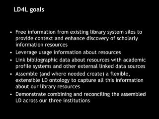 LD4L goals
• Free information from existing library system silos to
provide context and enhance discovery of scholarly
information resources
• Leverage usage information about resources
• Link bibliographic data about resources with academic
profile systems and other external linked data sources
• Assemble (and where needed create) a flexible,
extensible LD ontology to capture all this information
about our library resources
• Demonstrate combining and reconciling the assembled
LD across our three institutions
 