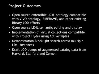 Project Outcomes
• Open source extensible LD4L ontology compatible
with VIVO ontology, BIBFRAME, and other existing
library LOD efforts
• Open source LD4L semantic editing and display
• Implementation of virtual collections compatible
with Project Hydra using ActiveTriples
• Demonstration Blacklight search across multiple
LD4L instances
• Draft LOD dumps of augmented catalog data from
Harvard, Stanford and Cornell
 
