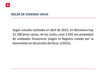 BOLSA DE VIVIENDA VACIA
12
Según estudio realizado en abril de 2015, en Barcelona hay
31.200 pisos vacíos, de los cuales unos 2.592 son propiedad
de entidades financieras (según el Registro creado por la
Generalitat en desarrollo del DLey 1/2015).
 