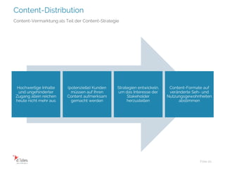 Content-Distribution
Folie 20
Content-Vermarktung als Teil der Content-Strategie
Hochwertige Inhalte
und ungehinderter
Zugang allein reichen
heute nicht mehr aus
(potenzielle) Kunden
müssen auf Ihren
Content aufmerksam
gemacht werden
Strategien entwickeln,
um das Interesse der
Stakeholder
herzustellen
Content-Formate auf
veränderte Seh- und
Nutzungsgewohnheiten
abstimmen
 