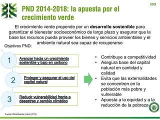 CCCS
PND 2014-2018: la apuesta por el
crecimiento verde
1
2
3
•  Contribuye a competitividad
•  Asegura base del capital
natural en cantidad y
calidad
•  Evita que las externalidades
se concentren en la
población más pobre y
vulnerable
•  Apuesta a la equidad y a la
reducción de la pobreza
El crecimiento verde propende por un desarrollo sostenible para
garantizar el bienestar socioeconómico de largo plazo y asegurar que la
base los recursos pueda proveer los bienes y servicios ambientales y el
ambiente natural sea capaz de recuperarse
Fuente: Minambiente (marzo 2015).
Objetivos PND:
 