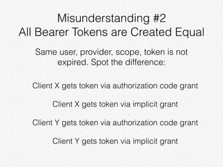 Misunderstanding #2
All Bearer Tokens are Created Equal
Client X gets token via authorization code grant
Client X gets token via implicit grant
Client Y gets token via authorization code grant
Client Y gets token via implicit grant
Same user, provider, scope, token is not
expired. Spot the difference:
 