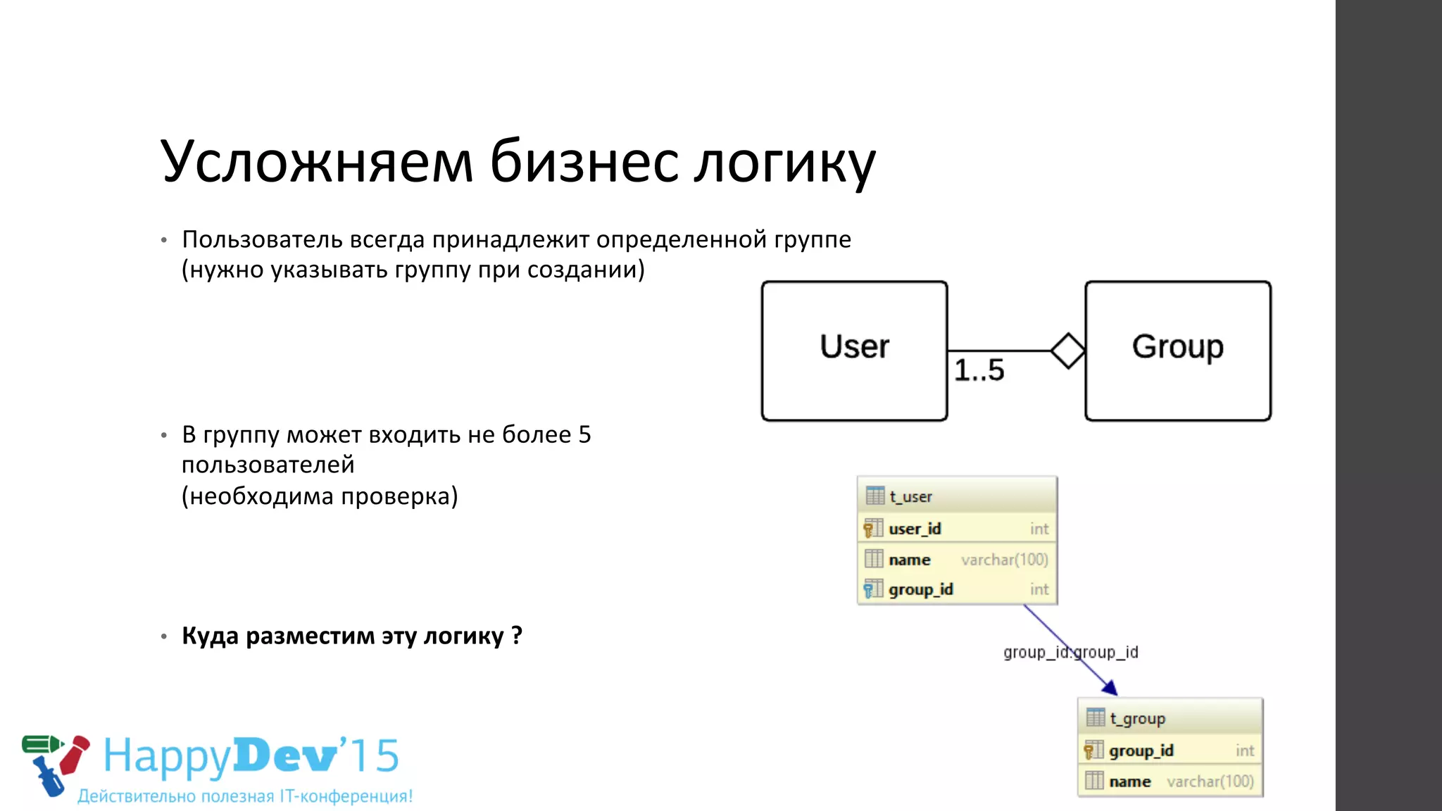 Усложняем	
  бизнес	
  логику	
  
•  Пользователь	
  всегда	
  принадлежит	
  определенной	
  группе	
  	
  
(нужно	
  указывать	
  группу	
  при	
  создании)	
  
	
  
•  В	
  группу	
  может	
  входить	
  не	
  более	
  5	
  
пользователей	
  	
  
(необходима	
  проверка)	
  
	
  
•  Куда	
  разместим	
  эту	
  логику	
  ?	
  
 