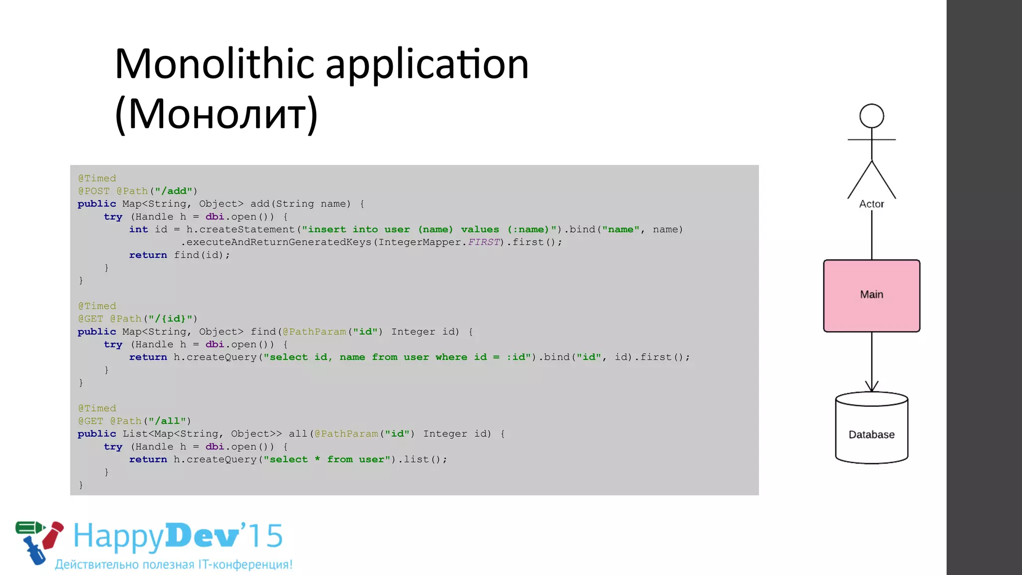 Monolithic	
  applicaRon	
  
(Монолит)	
  
@Timed
@POST @Path("/add")
public Map<String, Object> add(String name) {
try (Handle h = dbi.open()) {
int id = h.createStatement("insert into user (name) values (:name)").bind("name", name)
.executeAndReturnGeneratedKeys(IntegerMapper.FIRST).first();
return find(id);
}
}
@Timed
@GET @Path("/{id}")
public Map<String, Object> find(@PathParam("id") Integer id) {
try (Handle h = dbi.open()) {
return h.createQuery("select id, name from user where id = :id").bind("id", id).first();
}
}
@Timed
@GET @Path("/all")
public List<Map<String, Object>> all(@PathParam("id") Integer id) {
try (Handle h = dbi.open()) {
return h.createQuery("select * from user").list();
}
}
 