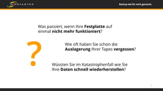 2
Was passiert, wenn Ihre Festplatte auf
einmal nicht mehr funktioniert?
Wie oft haben Sie schon die
Auslagerung Ihrer Tapes vergessen?
Wüssten Sie im Katastrophenfall wie Sie
Ihre Daten schnell wiederherstellen?
?
 