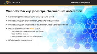 Wenn Ihr Backup jedes Speichermedium unterstützt
• Gleichwertige Unterstützung für Disk, Tape und Cloud
• Unterstützung von lokalen Platten, SAN, NAS und Appliances
• Unterstützung von einzelnen Bandlaufwerken, Tape-Libraries und VTLs
• D2D2D oder D2D2T oder Neu: D2D2C
• Transparenter, direkter Restore von Kopien
• Über mehrere Ebenen
• Backup-Server- und standortübergreifend
• Offsite-Medienmanagement
22
 